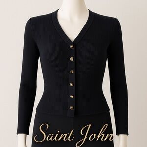 St. John Sport Black Ribbed Wool Blend Button Cardigan | Classic Knit M